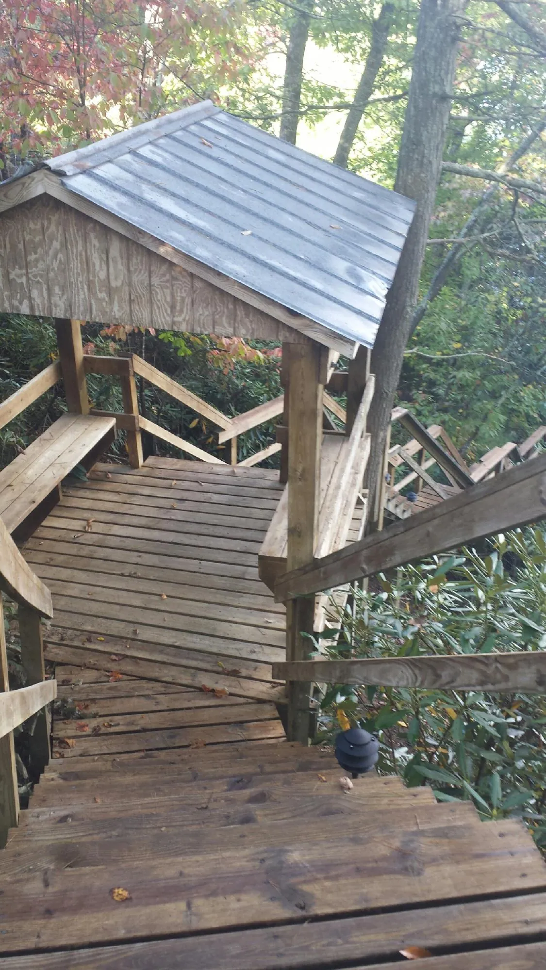 Metal roofed shelter over wooden steps on a wooded walkway — Skylight Repair & Installation work by our crew in Indiantown